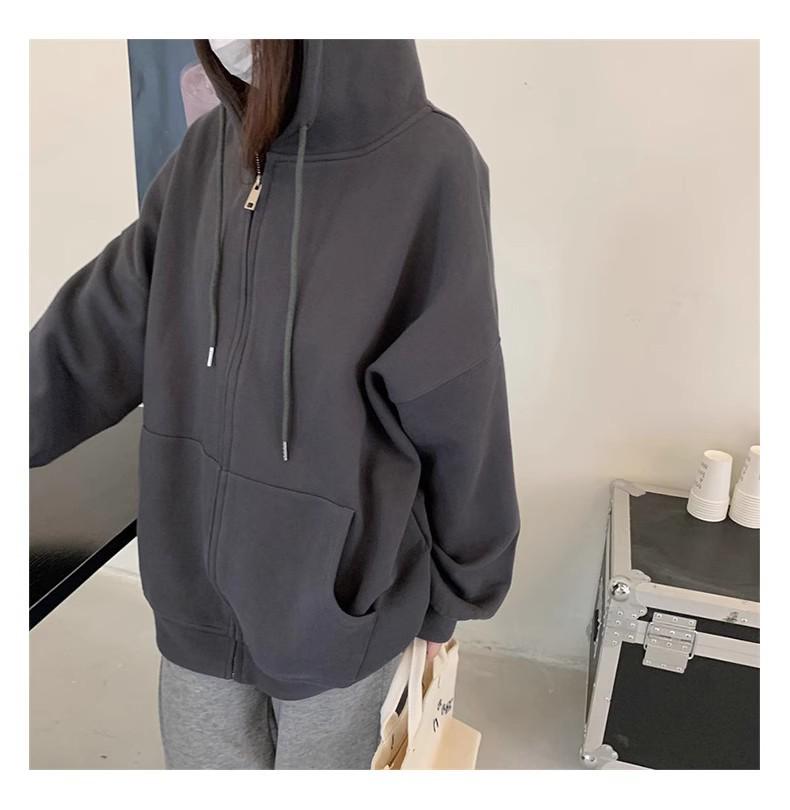 Felpa con cappuccio e zip foderata in pile da donna - Stile coreano pigro, Cardigan spesso per la primavera e l'autunno 2024.
