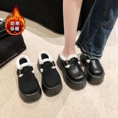Height-increasing Slippers Women's 2025 Autumn and Winter Cotton Shoes, Small People Wearing Lamb Wool, Lazy Bag Head Muffin, Thick-soled Half Slipper