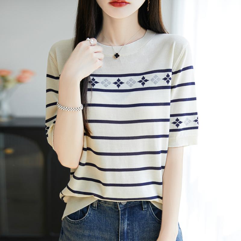 Women Knit T-shirt MODERN NEW SAGA Summer Knitted Shirt Short Sleeve Tees O-neck Patchwork Pullover Knit Tops