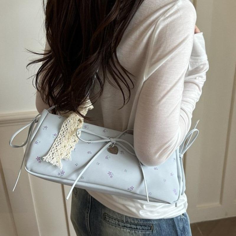 Niche sweet floral baguette bag women's  new trendy fashion girl style bow underarm bag shoulder bag