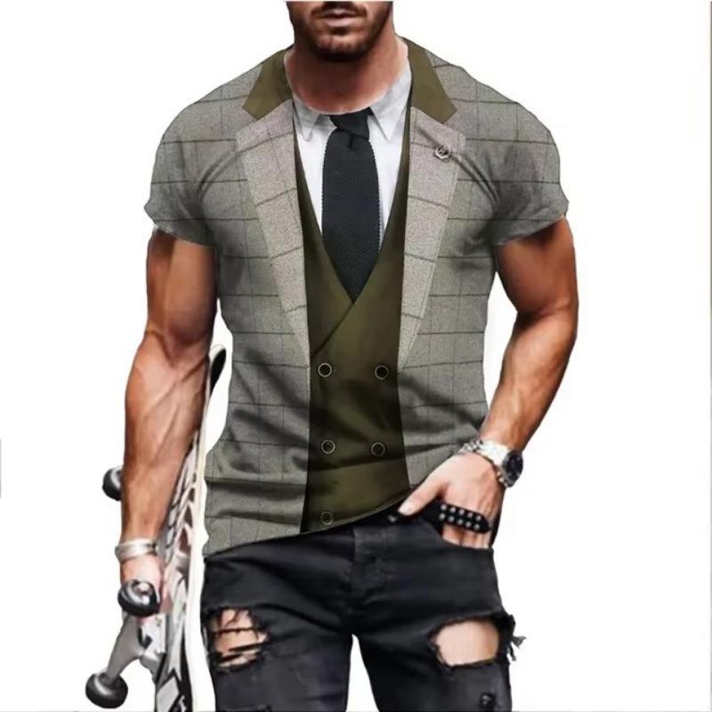 3D Printing T Shirt Fashionable nd Lnteresting Western Suit Pictures Men's T-Shirts Trend Digital Printing Casual Round Neck Short Sleeved