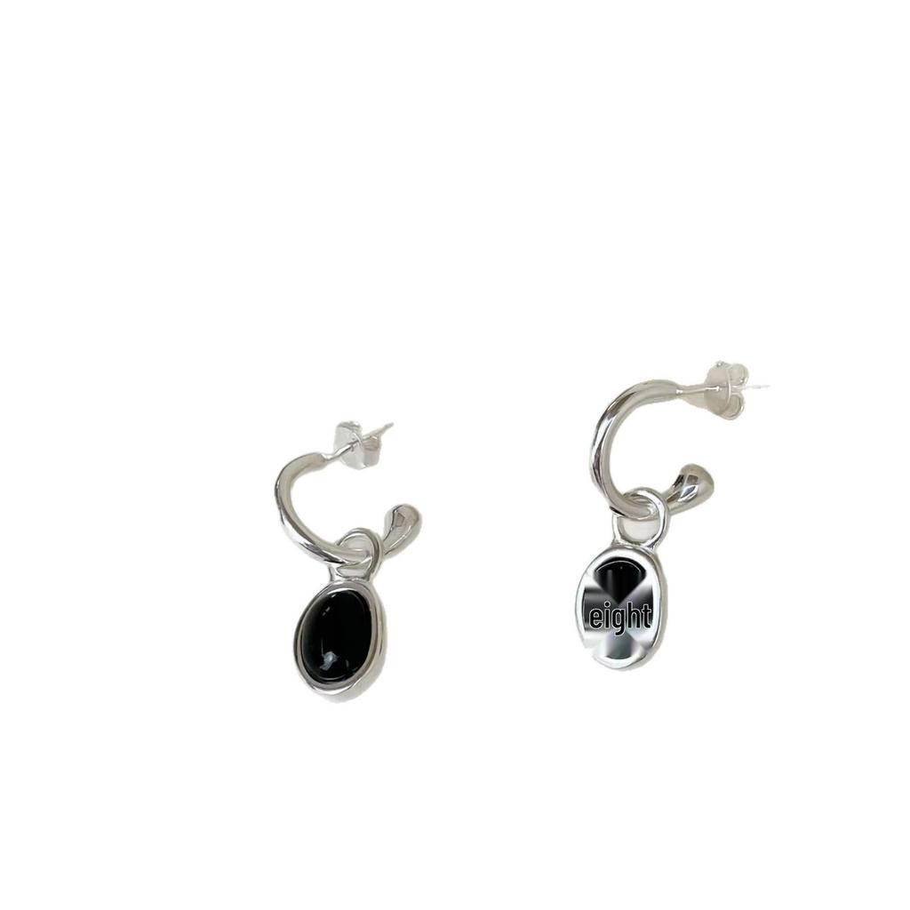 Su Chuang S925 Sterling Silver French Retro Black Agate Pendant Stud Earrings for Women