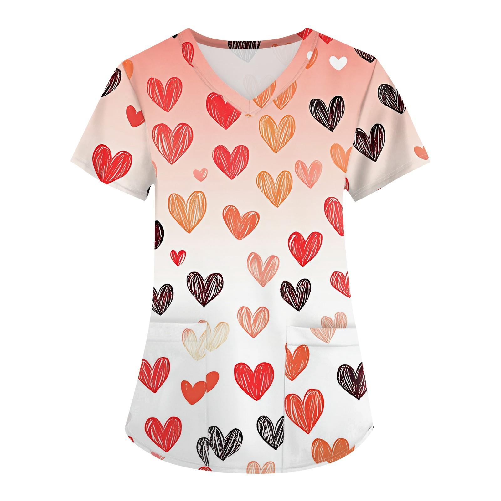 

Женская мода, рабочая одежда с v-образным вырезом, короткими рукавами и карманами, топы с принтом ко Дню святого Валентина M