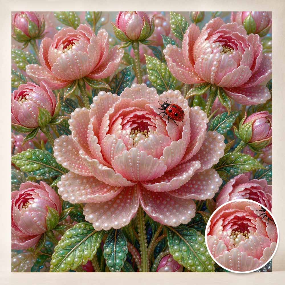 Pearl Painting 5D DIY Decorative Painting. Pink Peony Flower and Ladybug. Cute Birthday Gift. Handmade Art Painting