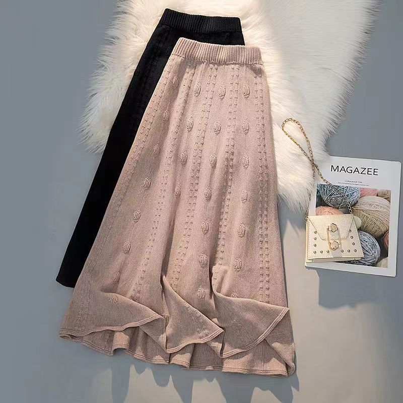 High Waist Jacquard Women's Autumn Winter Knitted Midi Half Skirt A-Line Umbrella Skirt Elegant Wool Long Skirt to Match Sweaters