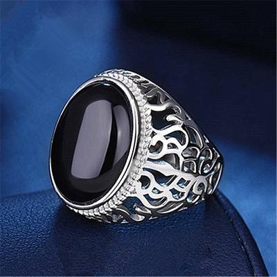 Men's Black Agate Chalcedony Diamond Ring - Hollow Pattern, Simple & Fashionable Open Design