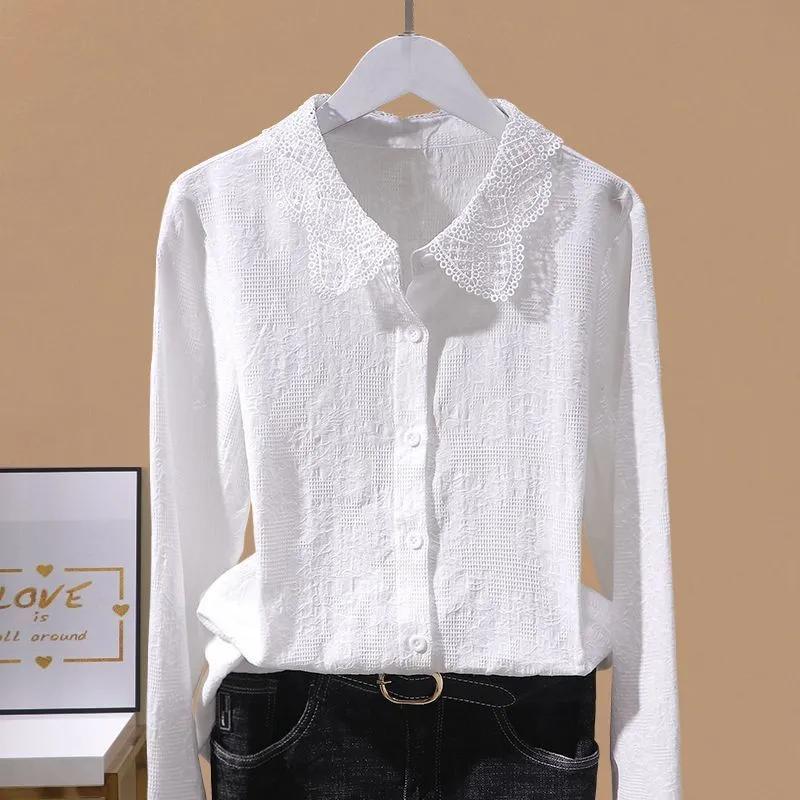 Frühling Herbst Damen Baumwoll Leinen Hemd für Damen Sommer Kurzarm Bluse Jacquard Bestickt Spitze Kragen Hemd