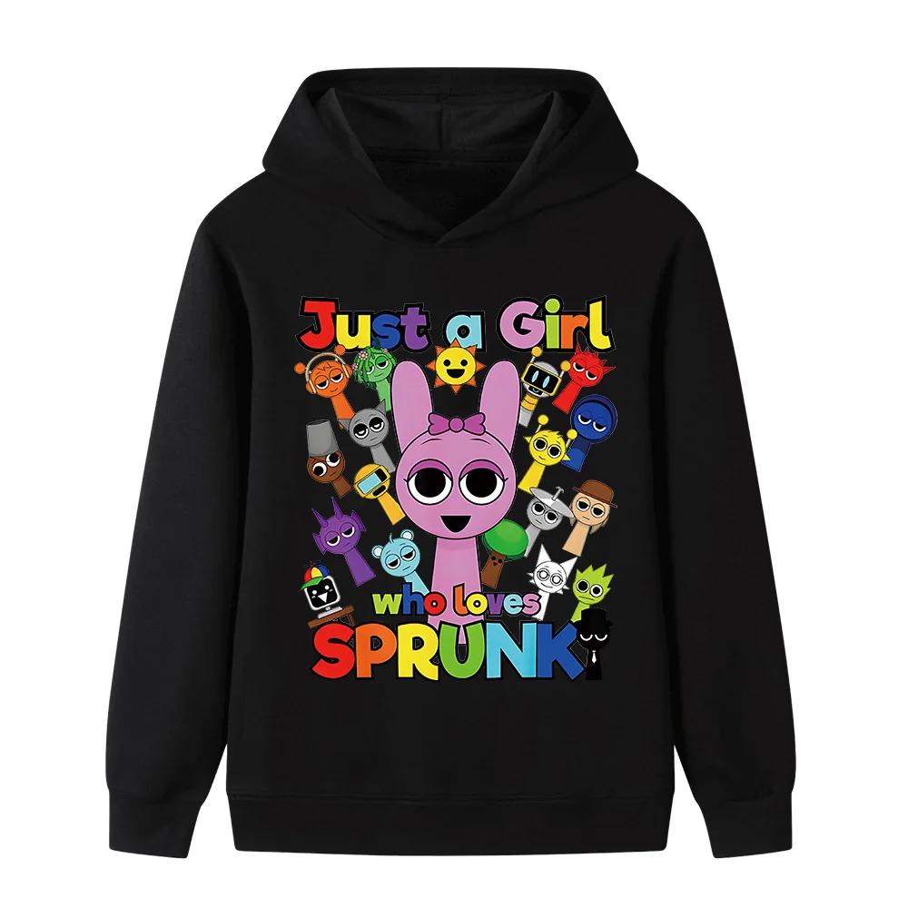 Kids Hooded Sweatshirt Sprunki Game Cartoon Character Slogan Art Print Pullover Autumn Winter Casual Sport Wear for Children Daily Use
