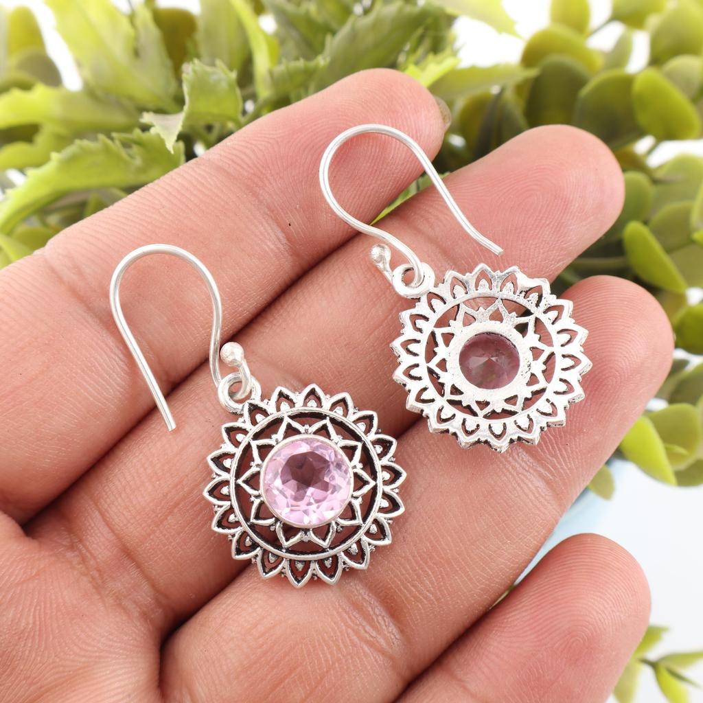 Rosa Kunzit Ohrring, Handgefertigter Edelstein 925 Massiv Sterlingsilber Ohrring Antikschmuck, Für Verlobungsgeschenk