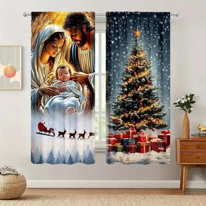 Birth Jesus Printed Curtains Christmas Decorations Bedroom Living Room Home Decoration Made Of Polyester Area Window Treatment