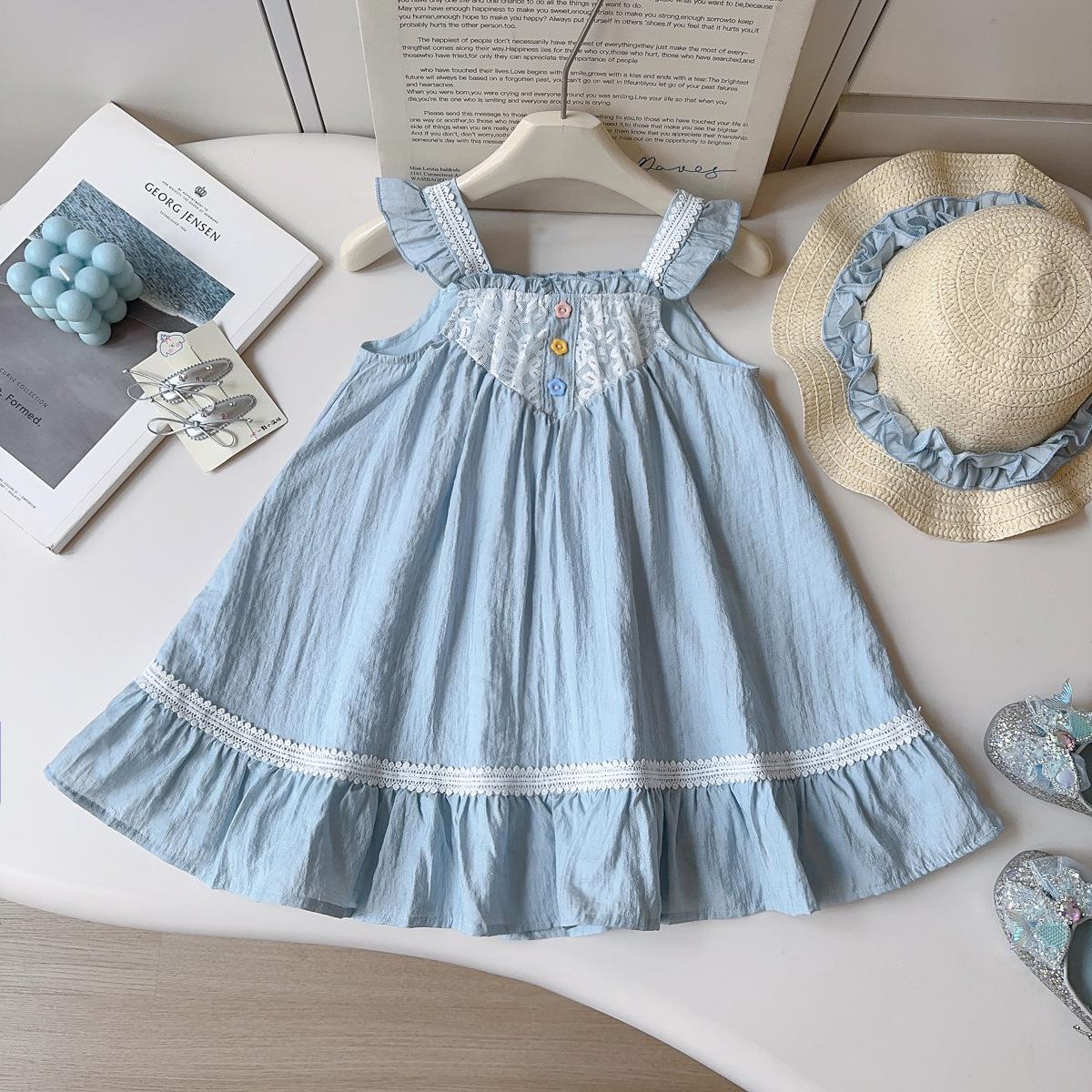 Summer Girls Lace Trim Sleeveless Dress Vacation Princess Party Dress For Little Kids 90cm