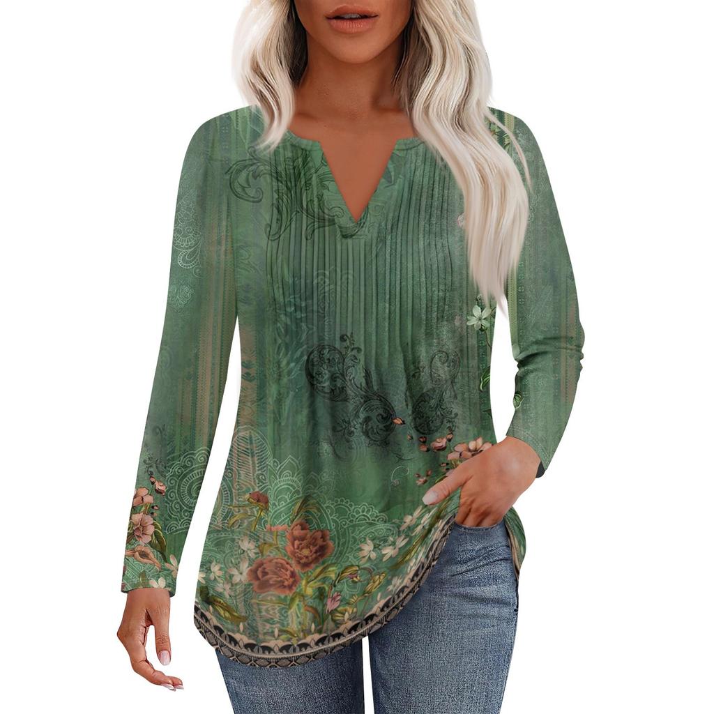 Damenmode Lässig Plissiert V-Ausschnitt Einfarbig Langarm T-Shirt Elegante Oberteile