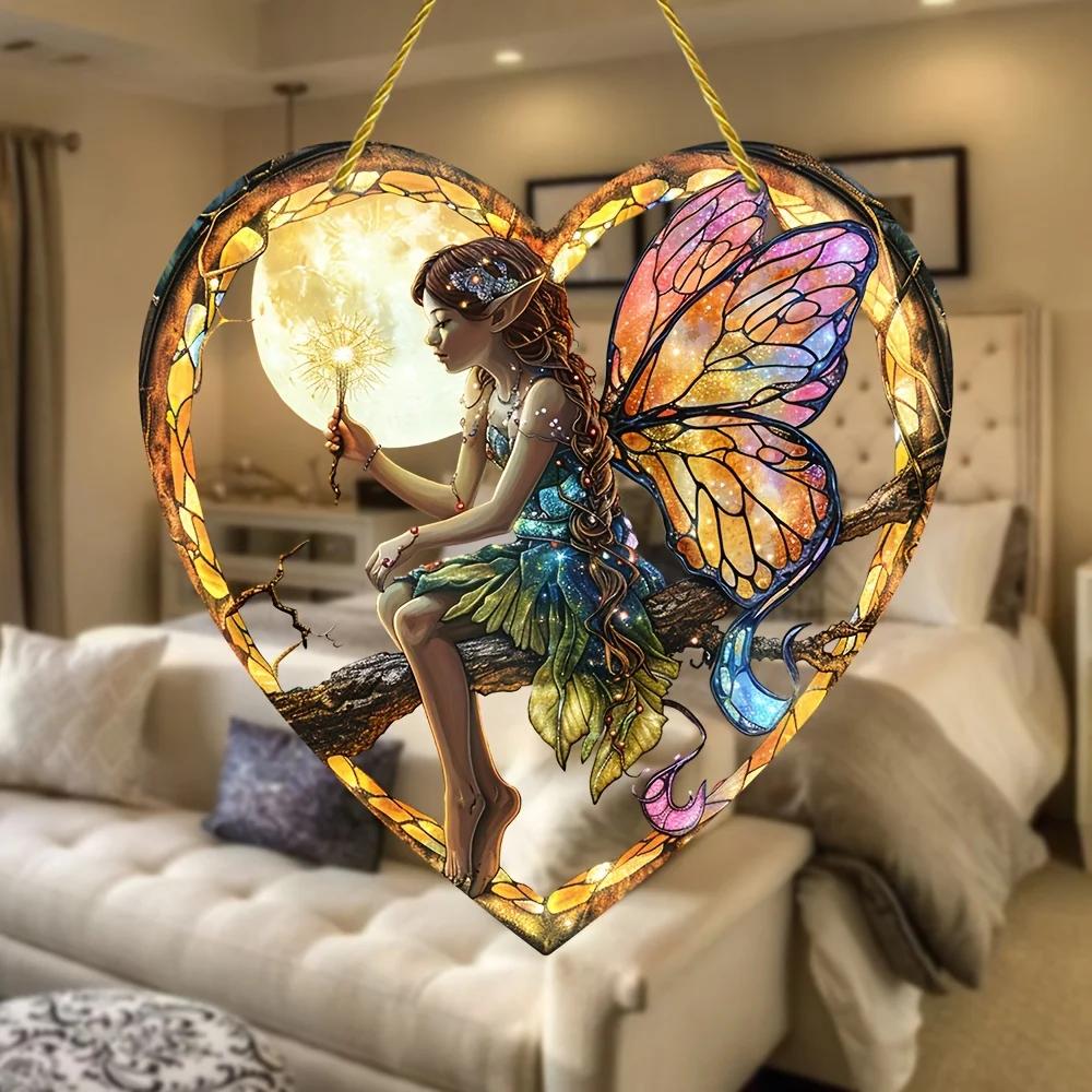 1 Pc Magic Fairy Hanging Decoration, Acrylic Heart Wall Hanging, Stained Glass Shape, Perfect for Home and Garden Decoration