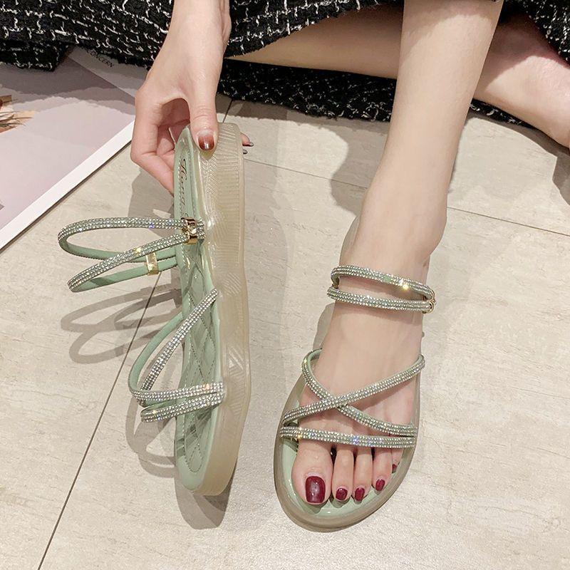 Two wear fairy style sandals, female 2025 new female fashion slope heel rhinestone trendy versatile cool slippers, female summer wear