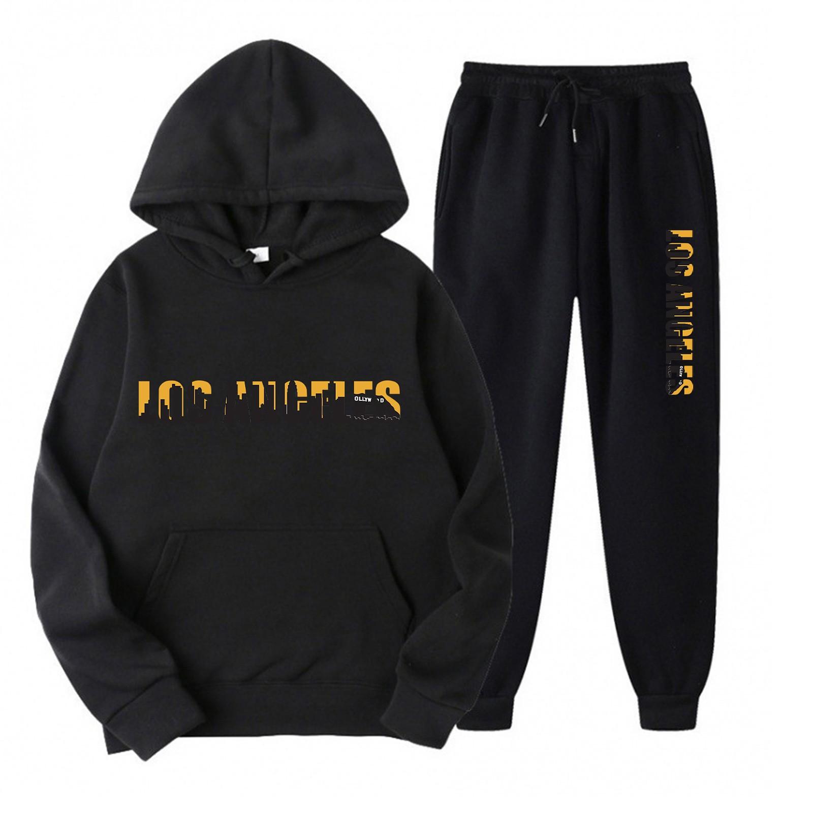New letter fashion printed men s and women s sportswear fleece two-piece set loose hooded sweater set S чёрный