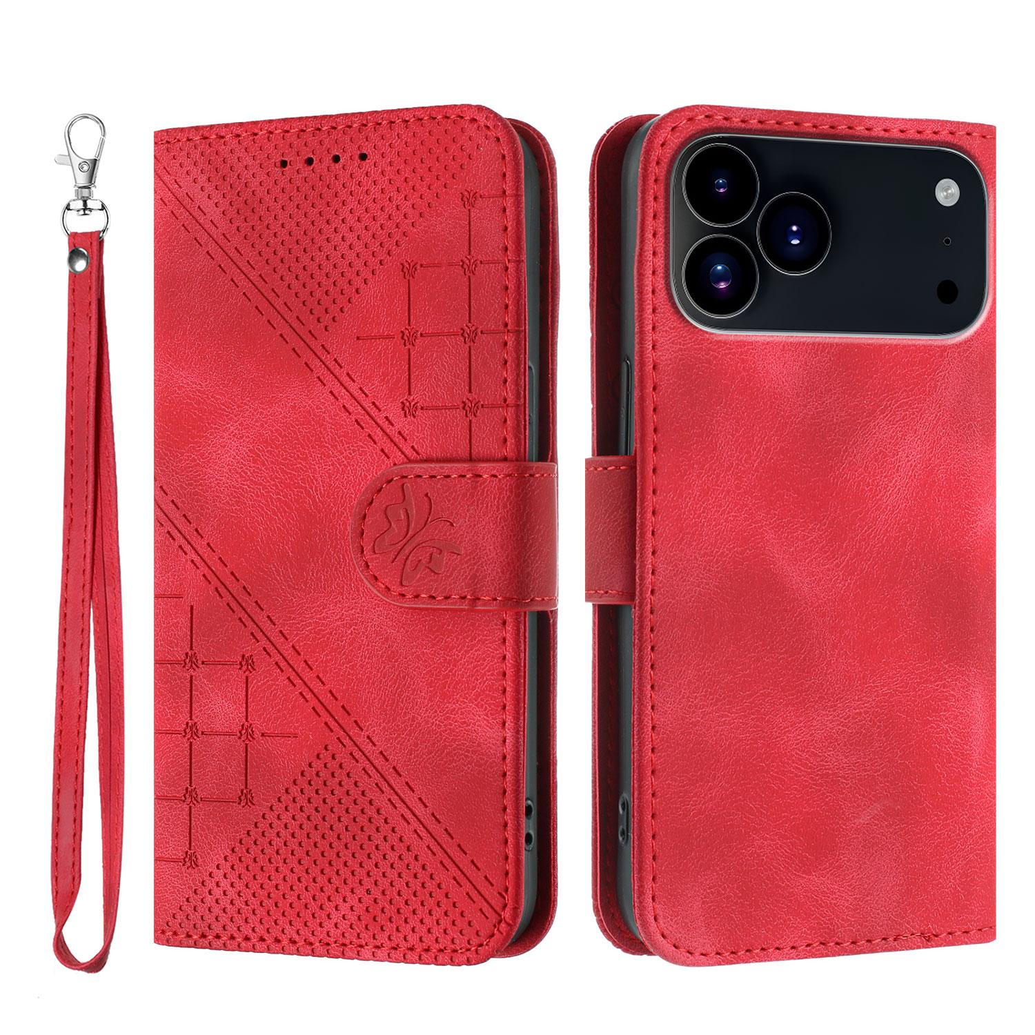 

For iPhone 17 Pro Leather Wallet Case Butterfly Flower Imprinted Phone Cover with Strap Red