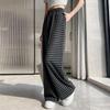 Women's Retro Grey Striped Wide-Leg Pants, Elastic Waist with Drawstring - High Waist, Loose Fit, Spring/Summer 2026 Collection.