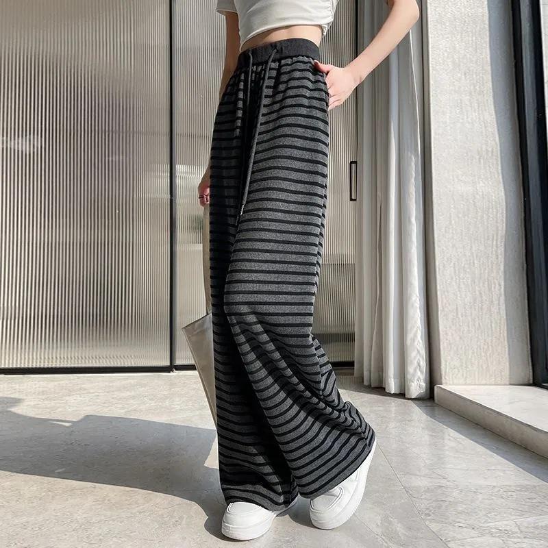 Women's Retro Grey Striped Wide-Leg Pants, Elastic Waist with Drawstring - High Waist, Loose Fit, Spring/Summer 2026 Collection.