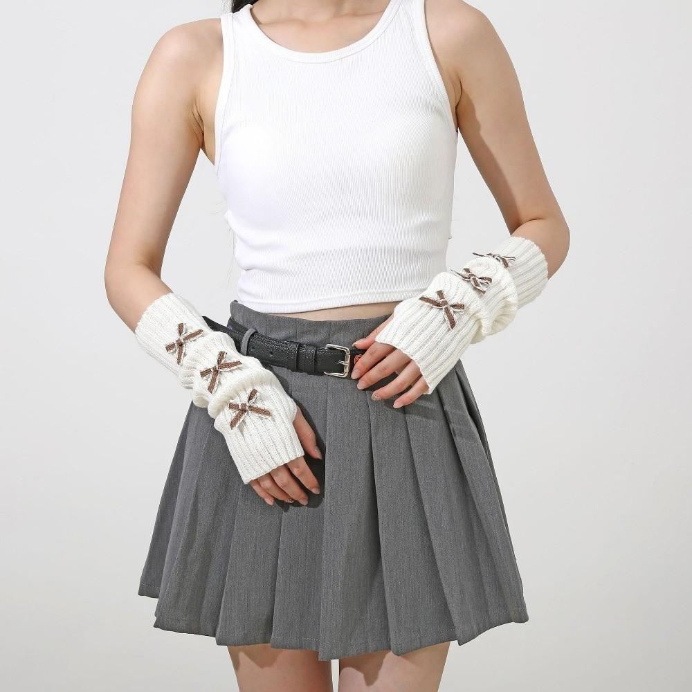 Soft Knitted Bow Arm Warmers Long Knit Sleeve Cover Y2K Y2K Fingerless Gloves  Girl