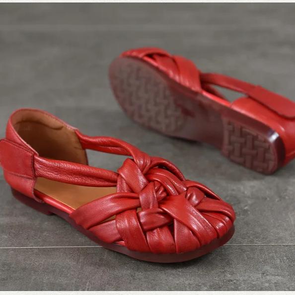Johnature Genuine Leather Flat Roman Sandals Woven Hollow-out Breathable Women's Shoes