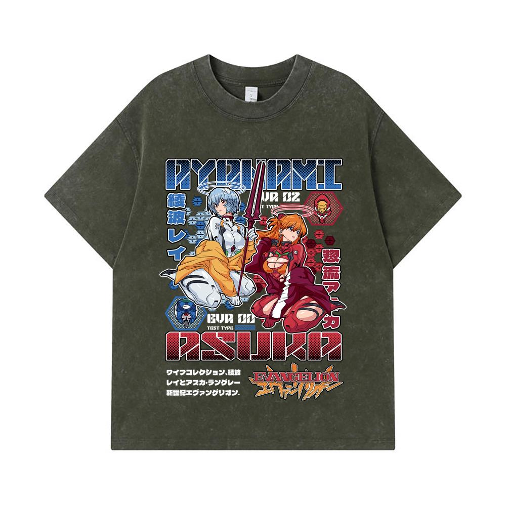 275 GSM Washed T-shirts 100% Cotton Evangelion V2 Asuka Rei Print Unisex Heavy Cotton T Shirt S