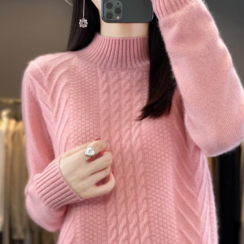 Autumn Winter Knit Top Women Loose Cropped Base Layer Semi High Neck Outerwear Pullover Sweater