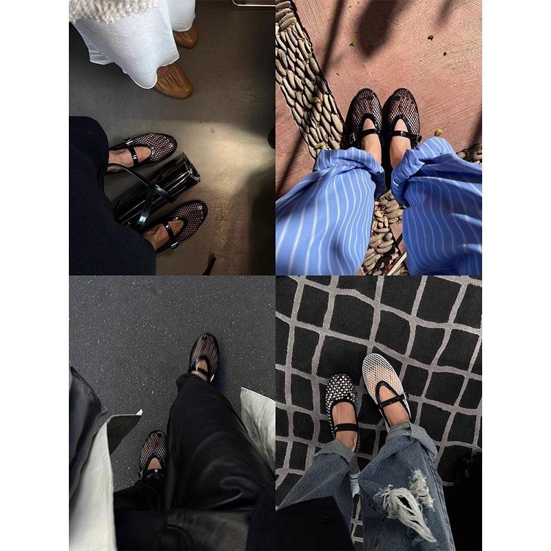 Cowhide version~ Sandals one-word buckle band ballet shoes women's full diamond flats hollowed out Mary Jane single shoes fishnet shoes