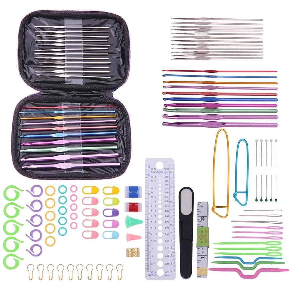 Aluminum Knitting Needles Set TPR Soft Handle Crochet Hooks Needles Comfortable Grip with Storage Bag for Sewing Weave Tool