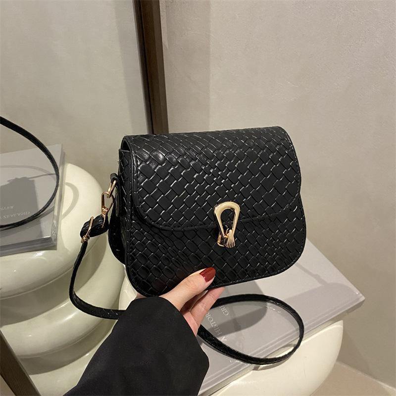 Foreign Style Woven Pattern Women's Bag 2025 Spring Simple Small Square Bag Fashionable Solid Color Retro Lock Single Shoulder Messenger Bag