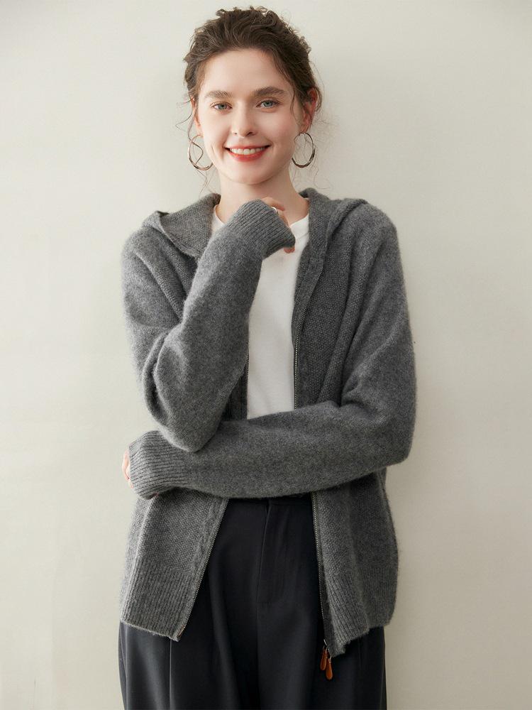 Elegant Hooded Cashmere Knit Cardigan for Women - Cozy, Loose Fit, Thick Zipper Sweater Coat