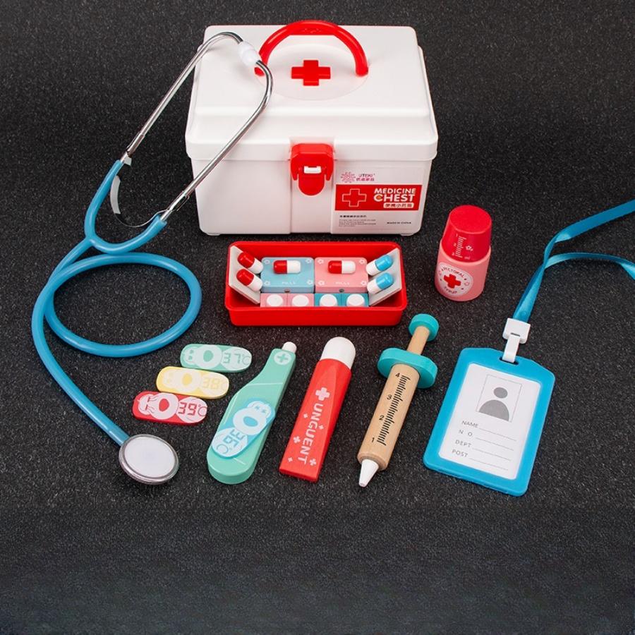 

Wooden medicine box, doctor medical kit, baby parent-child interactive role-playing, nurse, children s auscultation toy