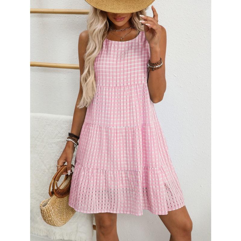 Zomer nieuwe stijl dames losse casual elegante mouwloze ruitjesjurk
