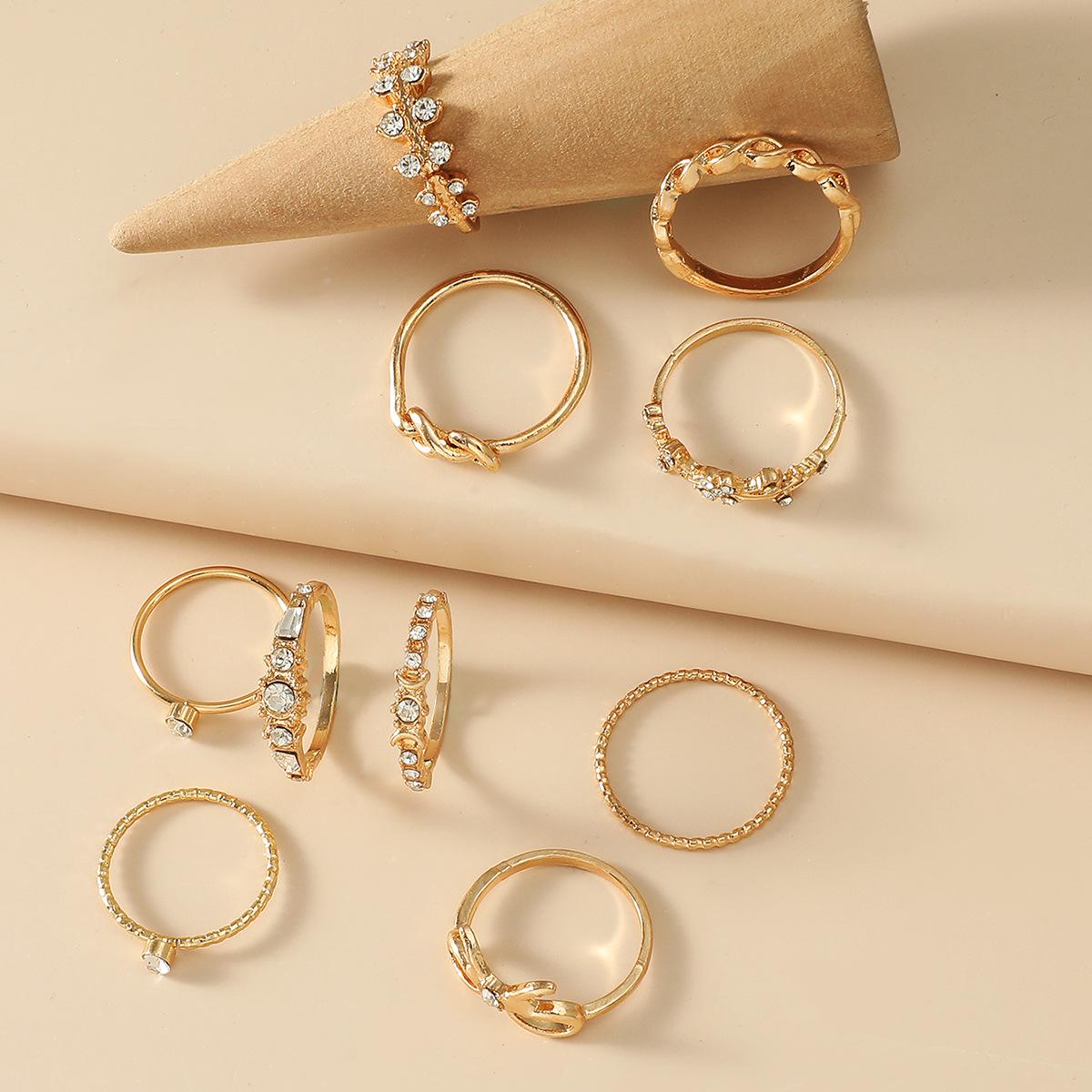 European  American Rhinestone Crystal Bow Leaf 10-Piece Ring Set