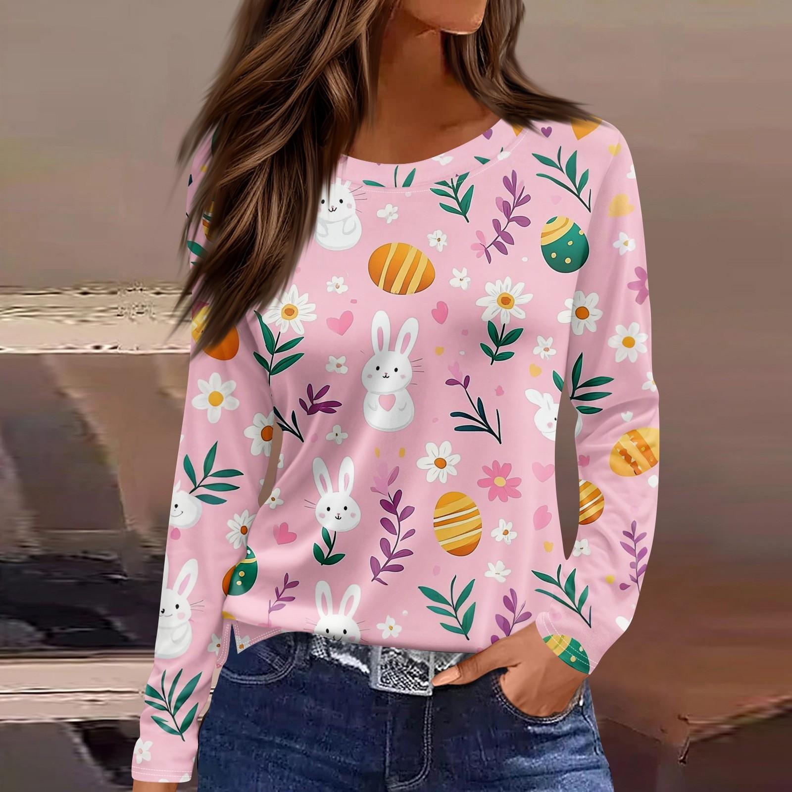 

Женская модная повседневная свободная футболка с принтом и круглым вырезом с разрезом и длинным рукавом, женский топ M розовый