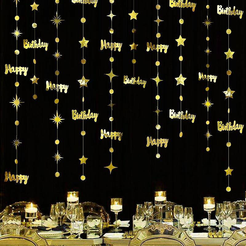Iridescent Happy Birthday Decorations Circle Dot Twinkle Star Garland Kit Metallic Holographic Hanging Streamer Bunting Banner Backdrop for Women,