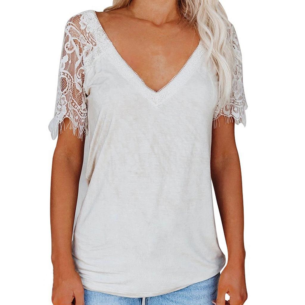 Women's Casual Loose Short Sleeve V-Neck Feather Lace Lace Sleeve Top Blouse
