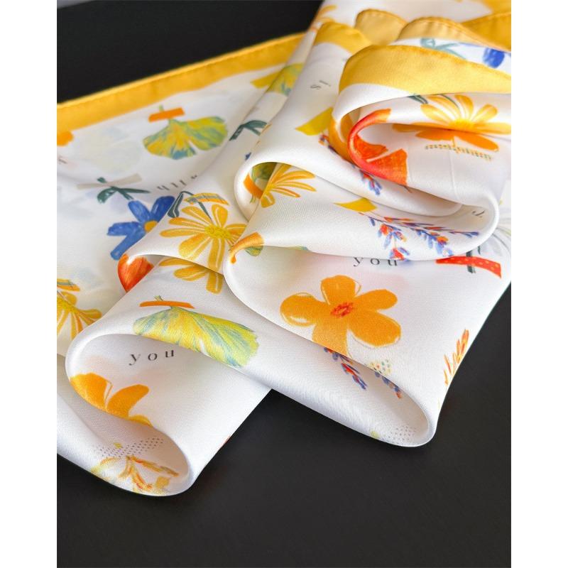 Korean Style Printed Silk Like Square Scarf For Women Sun Protection