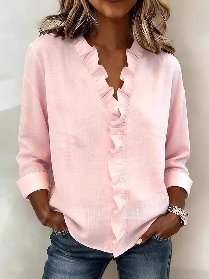 Top Elegante con Volantes y Cuello en V Estilo Francés para Mujer Primavera/Otoño 2026 Europeo y Americano