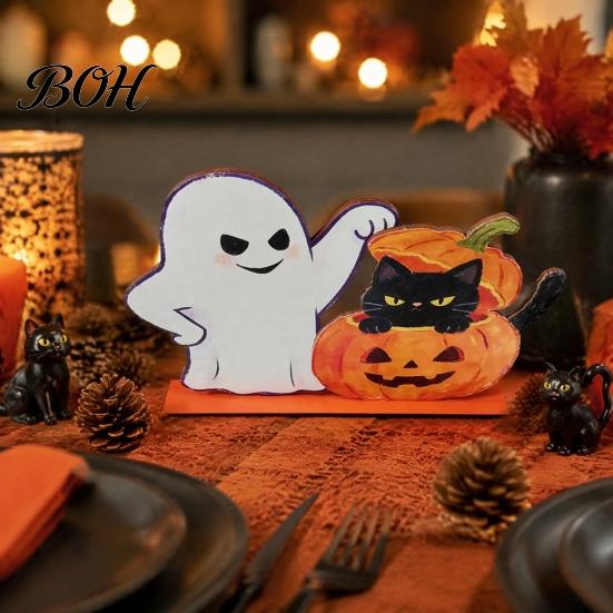 Decorative Wood Crafts Halloween Wooden Ghost And Pumpkin Black Cat Ornaments, Retro Indoor Party Ornaments Cartoon Tabletop Centerpiece Decorations