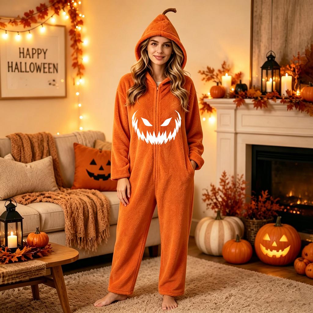 Damen Halloween Print Flanell Strampler Loungewear Set für gemütliches Entspannen