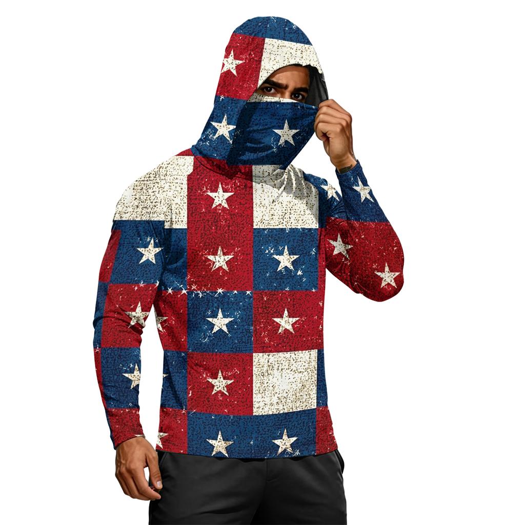Men's Long Sleeve Lightweight Hoodie with Drawstring Hood and Face Covering Flag Print Casual Pullover Top
