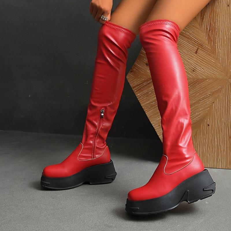 

Осень Зима Новые Ботильоны с Круглым Носком на Молнии Плиссированные на Платформе Нескользящий Блочный Каблук Сапоги Стрейч для Длинных Ног Узкие Сапоги 42