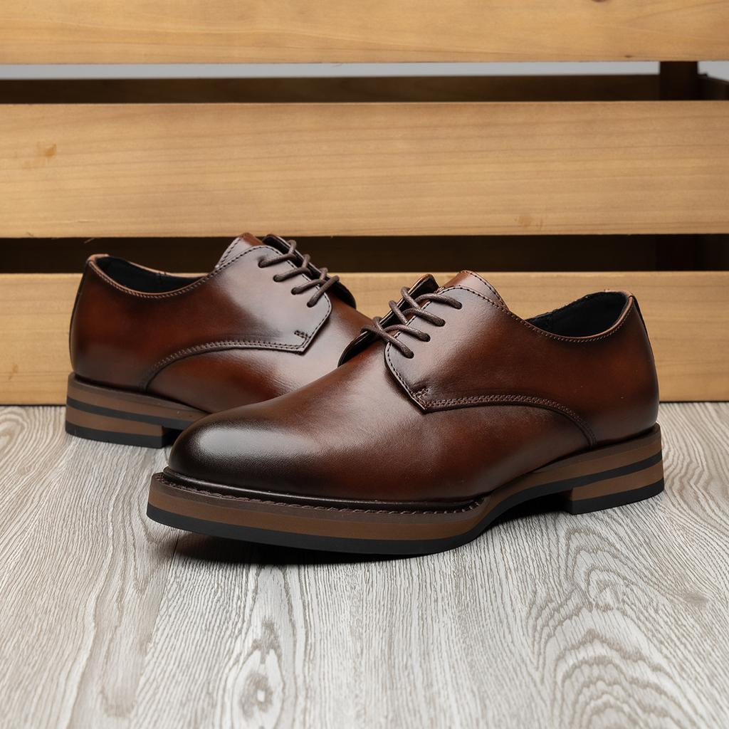 2025 Direct Supply of British Retro Casual Leather Shoes Men's Genuine Leather Business Dress Thick-soled Wedding Groom Derby Shoes