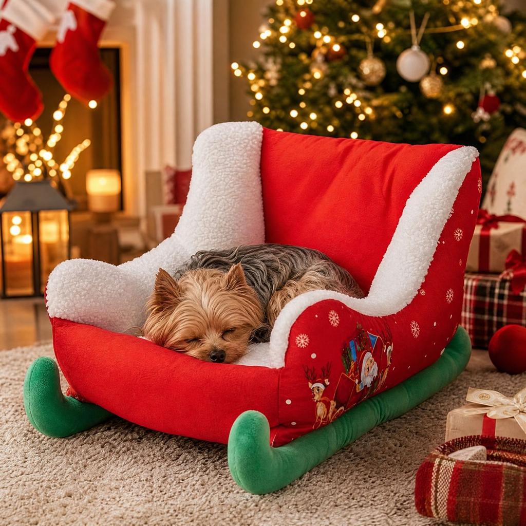 Christmas Sleigh Dog Bed for Small Dogs - All- Warm Pet Sofa, Cozy Indoor Sleeping Bed