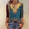 Top Trendy Vintage a 3/4 di manica per Donna, Maglietta Blusa Casual da Donna a Tre Quarti di Manica con Scollo Rotondo Stampata