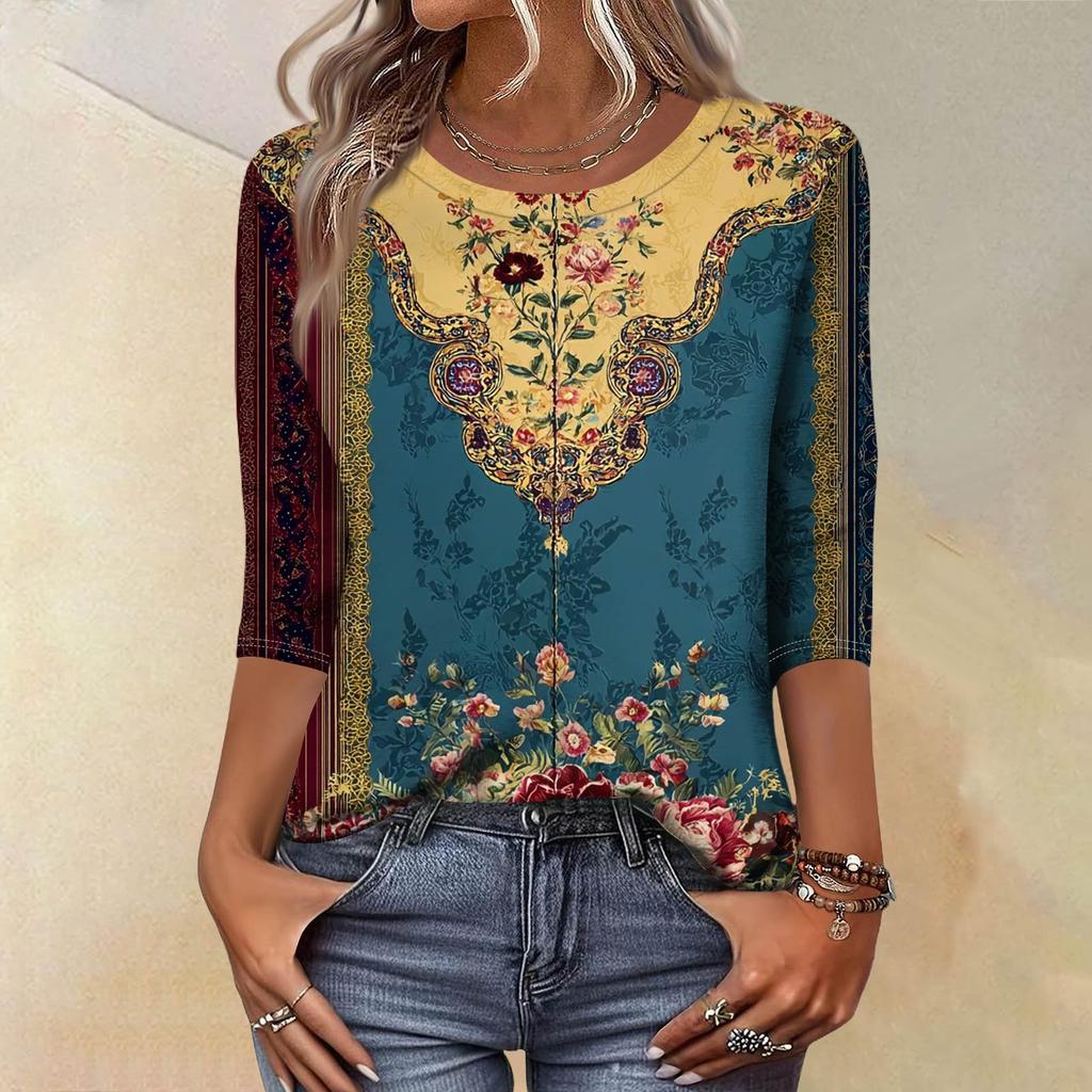Top Trendy Vintage a 3/4 di manica per Donna, Maglietta Blusa Casual da Donna a Tre Quarti di Manica con Scollo Rotondo Stampata