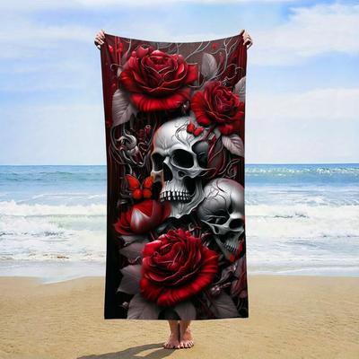 1 pièce Serviette de plage Crâne et Roses, Microfibre Résistante à la décoloration, Idéale pour la Plage, la Piscine, le Camping, les Voyages, la Salle de bain, Essentiel pour les Vacances d'Été
