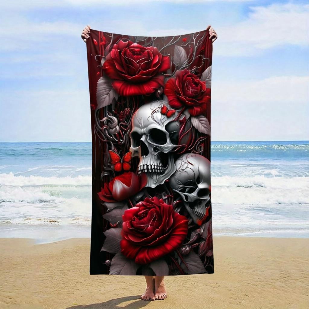 

1pc Skull & Roses Beach Towel, Microfiber Fade-Resistant, Ideal for Beach Pool Camping Travel Bathroom, Summer Holiday Essential W30*H60(CM)