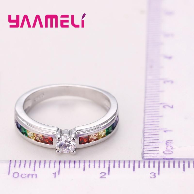 Real 100% 925 Silver Color Rainbow Cubic Zircon Rings For Women Wedding Lovely Engagement Proposal Ring Accessory