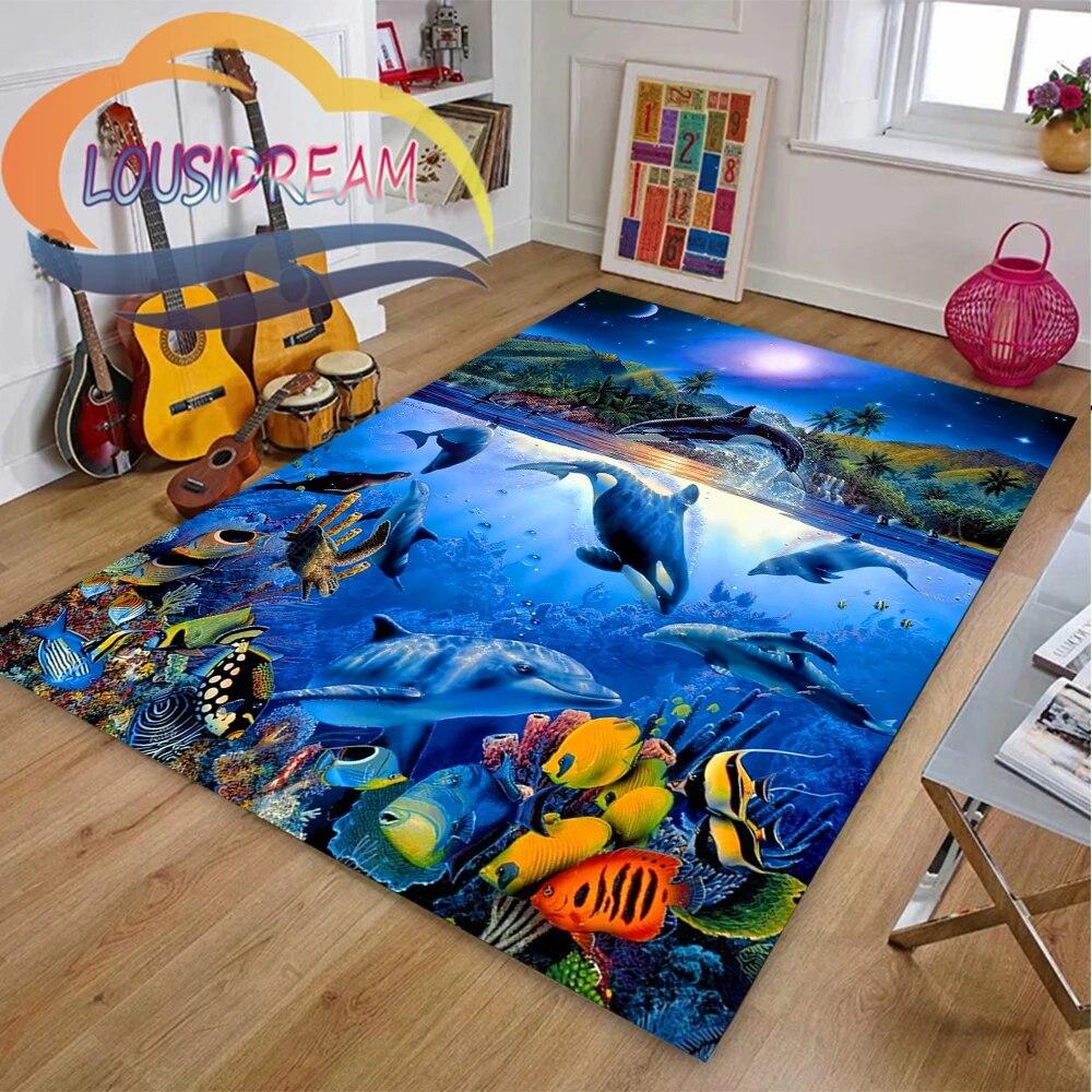 Sea Animal World Koberec Delphinidae Koberec Oceanic Delfíni Obývací pokoj Ložnice Velká plocha Měkká 3D módní dekorace Mat